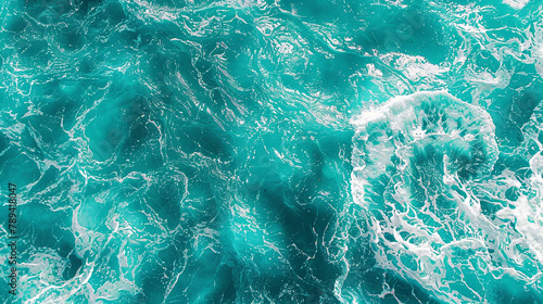 This portrayal showcases vibrant turquoise waters with streaks of white foam, simulating the chaotic beauty of the sea from above. in a stunning visual representation.