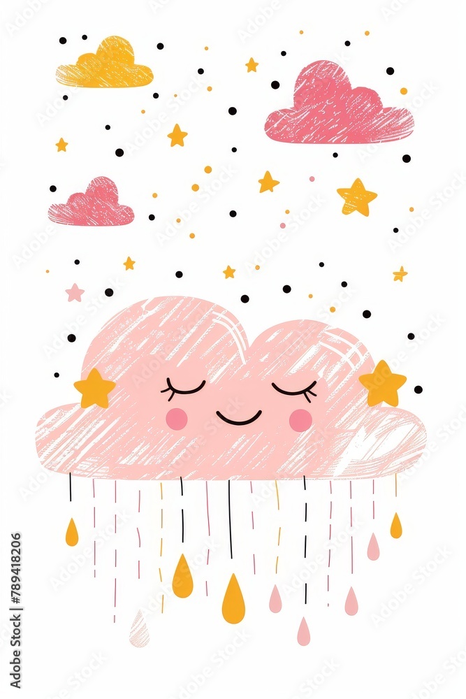 A cute pink cloud with a smiley face is raining yellow stars A cute pink cloud with a smiley face is raining yellow stars