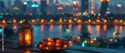 Ramadan Nights: Lantern Glow and Dates Over City Lights. Concept Ramadan Nights, Lantern Glow, City Lights, Dates, Festive Atmosphere