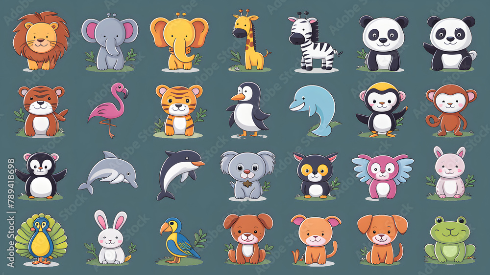Obraz premium Collection of cute and colorful animals, each designed for children's cartoons and isolated on a background