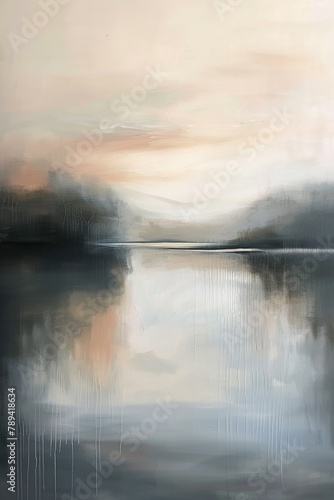 Gemälde einer Landschaft mit See und Bäumen in Erdtönen, verträumte Stimmung, Nebel und diffuses Licht, sanfte Farben   © MONO