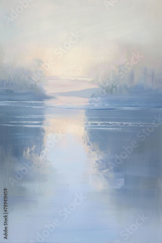 Gem  lde einer Landschaft mit See und B  umen in Blaut  nen  vertr  umte Stimmung  Nebel und diffuses Licht  sanfte Farben  k  hle Anmutung   nordisch  Norden  pastell 