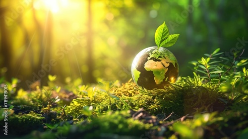 Glass globe with a leaf on moss in forest light. World Environment Day