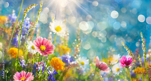 spring meadow with flowers . Colorful flower meadow with sunbeams and blue sky and bokeh lights in summer - nature background