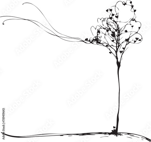 Elegant single line depiction of a heart-shaped tree with wind-blown leaves, concept of love, growth, and natural harmony