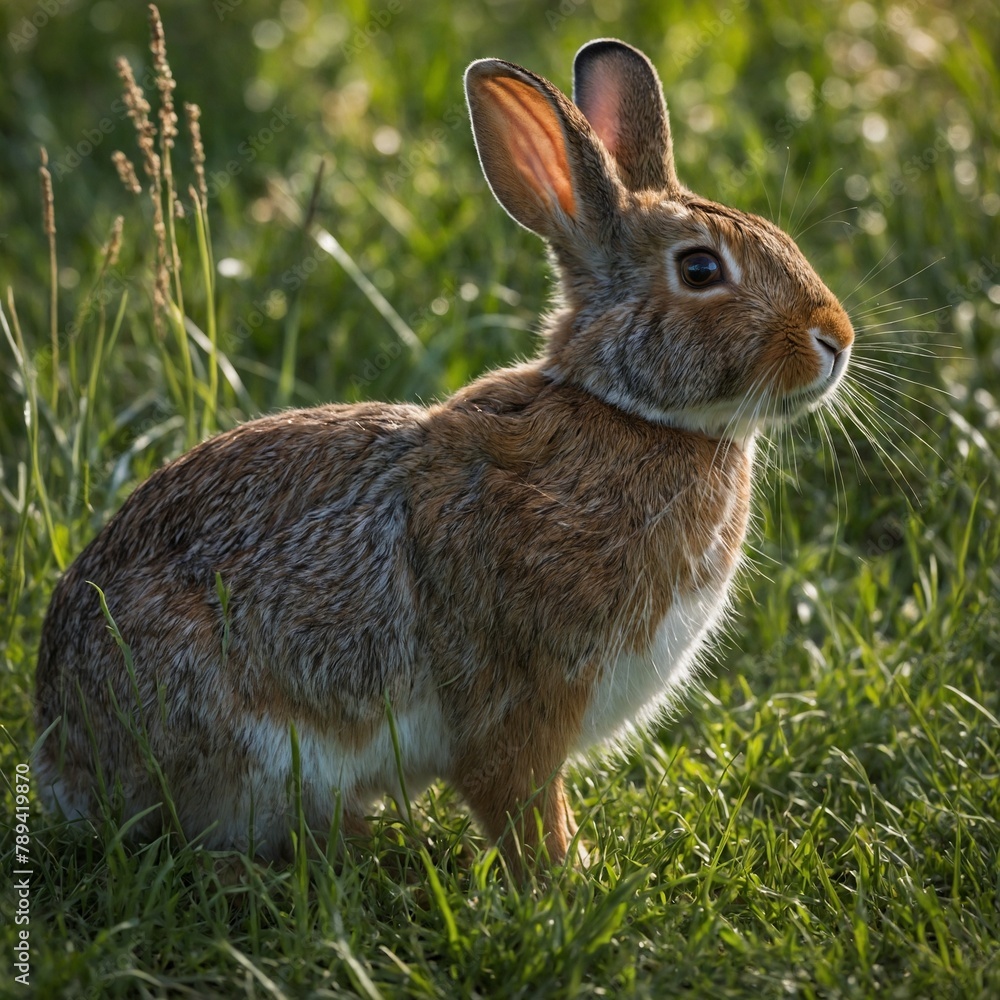 Small rabbit with brown, white fur sits upright in field of green grass. Rabbit has long ears that point straight up, large, dark eyes. Animal looking off into distance, its nose twitching. Small rabbit with brown, white fur sits upright in field of green grass. Rabbit has long ears that point straight up, large, dark eyes. Animal looking off into distance, its nose twitching.
