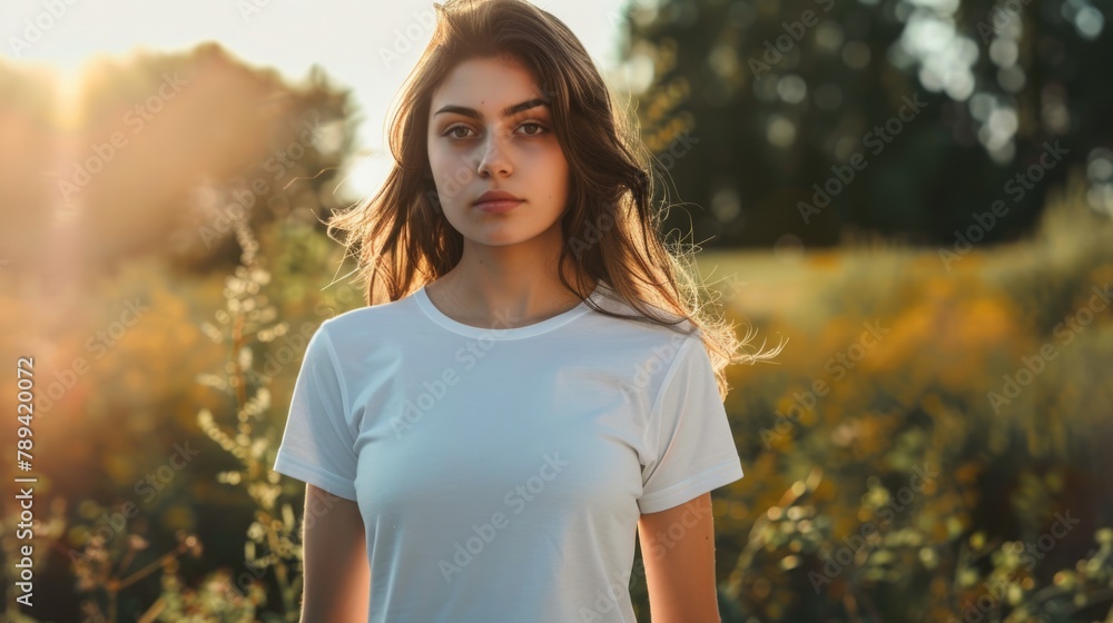 Young woman in a plain white t-shirt standing in a sunlit field at sunset. Young woman in a plain white t-shirt standing in a sunlit field at sunset.