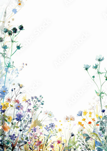 Illustration of colorful flowers. White space in the middle for wring notes. Watercoloring floral in abstract style. AI Generative. 