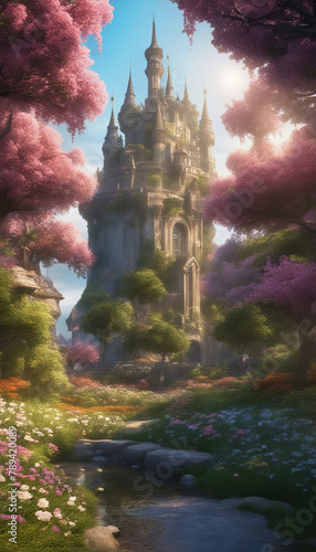 Majestic Castle Amid Blossoming Trees