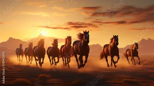 A group of wild horses running freely across a vast  sunlit plain.
