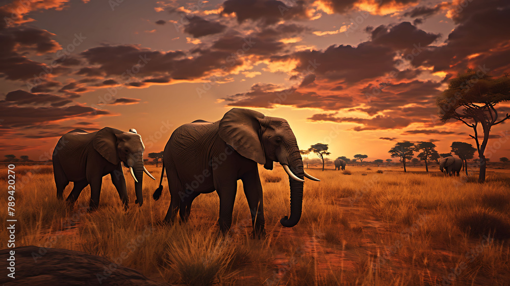 A herd of wild elephants grazing in the savannah as the sun sets in the background.
