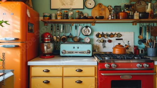 Colorful vintage kitchen interior with orange refrigerator, teal toaster, red stove