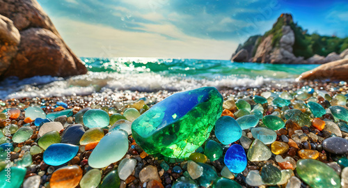 beach with water . Colorful gemstones on a beach. Polish textured sea glass and stones on the seashore. Green, photo