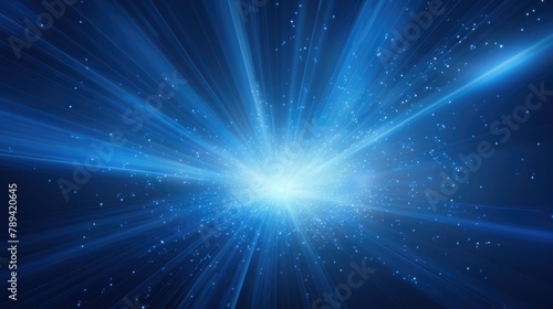 Dynamic blue light rays and particles on a dark background.