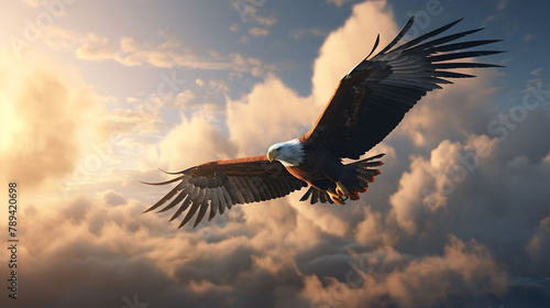 A lone eagle soaring majestically through a cloud-streaked sky.