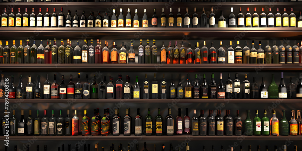 Shelves filled with liquor bottles in a bar, Bottles of Elegance