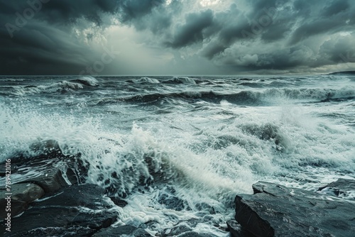 A dramatic landscape photo of a stormy coastline  with powerful waves crashing against rocks and rain whipping across the sky
