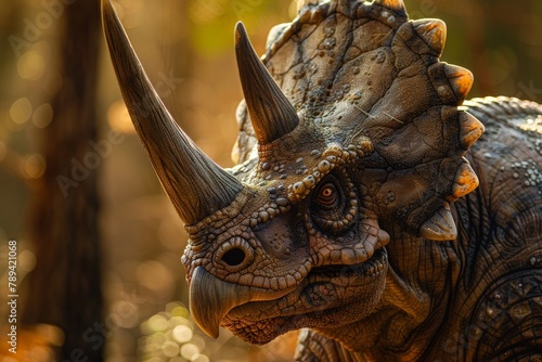 A close-up portrait of a triceratops, its bony frill and horns gleaming in the sunlight.