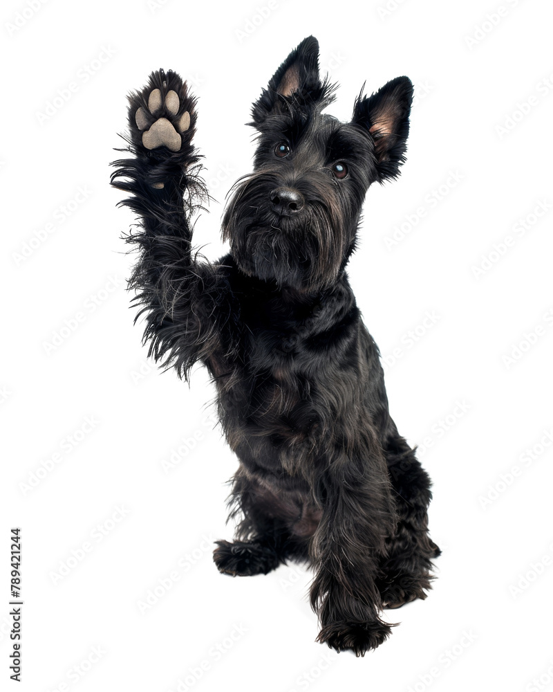Scottish terrier dog giving high five isolated on transparent background