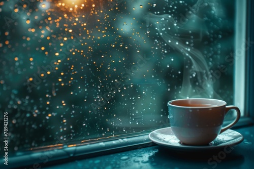 A cozy photo of a steaming cup of tea on a windowsill, with raindrops trickling down the glass and blurring the view outside.