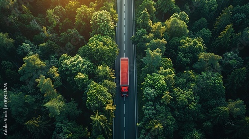 Aerial top view of car and truck driving on highway road in green forest. Sustainable transport. Drone view of hydrogen energy truck and electric vehicle driving on asphalt road through green forest