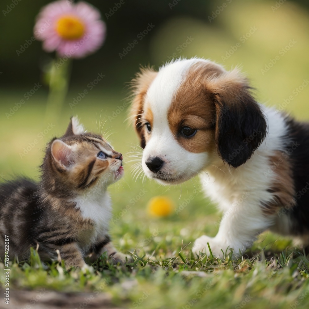 Cute puppy and kitten playing together in the garden on a sunny summer day. AI generated Cute puppy and kitten playing together in the garden on a sunny summer day. AI generated