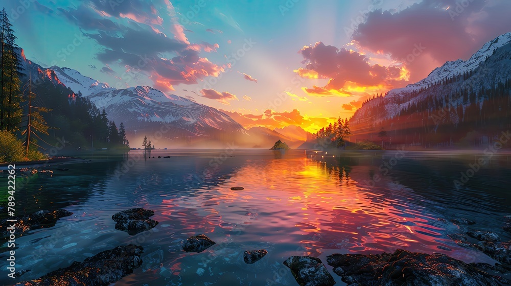 Colorful sunset over a serene mountain lake