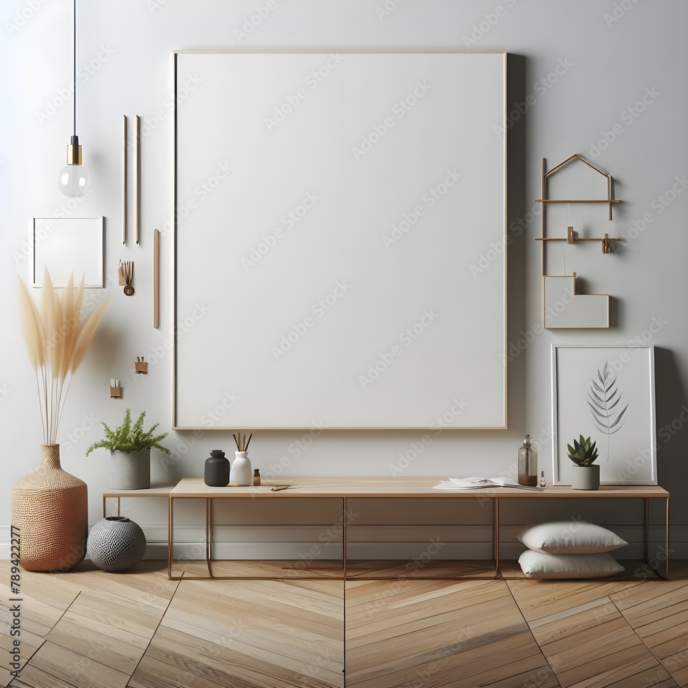 Mockup poster frame close up near window, 3d render.Mockup for painting. Mockup poster frame close up near window, 3d render.Mockup for painting.