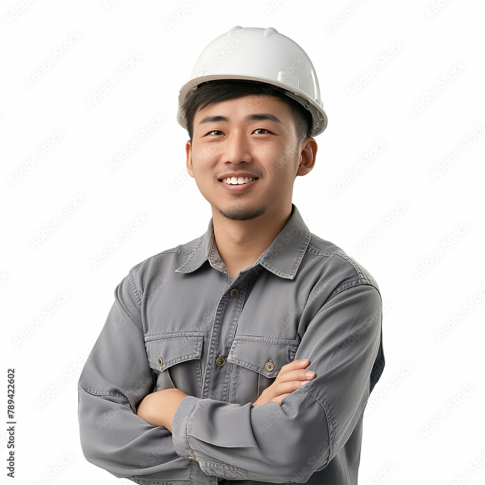 Asian male architect stands wearing his professional uniform with crossed arms and a smiling face a blank white background Asian male architect stands wearing his professional uniform with crossed arms and a smiling face a blank white background