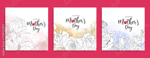Happy mothers day social media post template or greeting card in modern art style with hand drawn flower. Mother’s day or women’s day holiday celebration banner. Invitation flyer with rose background.