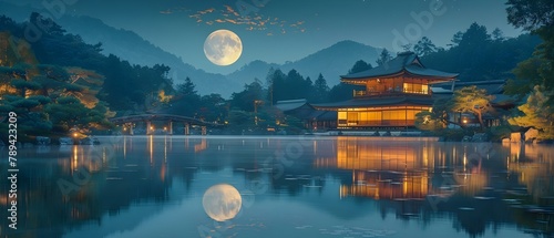 Tranquil Moonrise over Serene Japanese Landscape. Concept Nature Photography, Moonrise, Japanese Landscape, Tranquility, Serenity photo