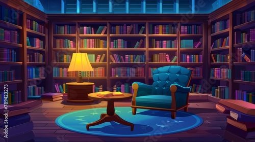 In center of Athenaeum Place, a VIP library, luxury interior, with books on wooden bookcase shelves, armchair and table and glowing lamp. Cartoon modern illustration.