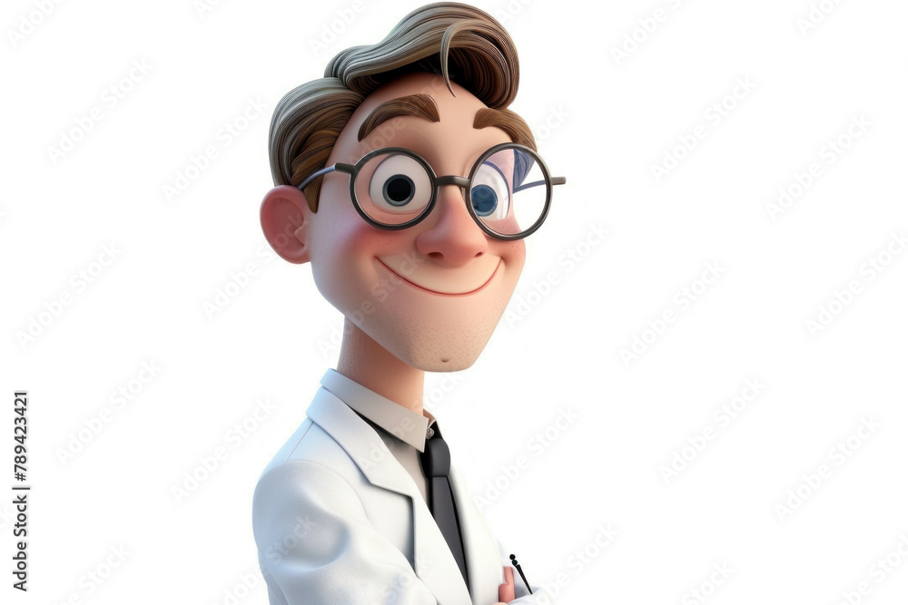 3D rendering cartoon character happy young scientist man with white coat and glasses isolated on white background 3D rendering cartoon character happy young scientist man with white coat and glasses isolated on white background
