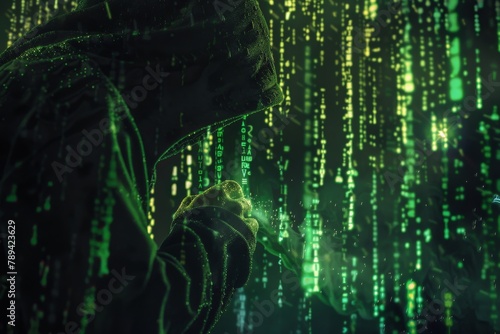 A hooded figure hunched over a dark computer screen  lines of code resembling glowing green rain cascading down.