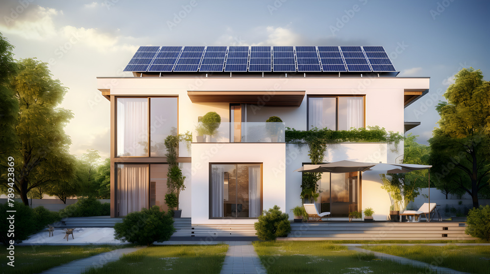 Sustainable living in a modern solar powered home with a rooftop garden oasis.classical hi tech modern house with solar panels on the roof top Energy saving technology