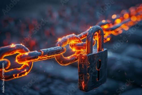 A group of glowing padlocks forming a chain that binds a malicious program trying to break through a firewall.