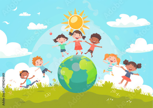 cartoon children of different races jumping on the earth  flat design illustration with a colorful background featuring a sun and clouds