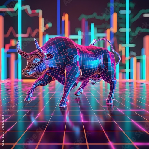 Futuristic Bull Market A D Rendering of a Sleek Vibrant Bull Surrounded by Digital Charts Inspired by Trons Neon Lines Generative ai photo