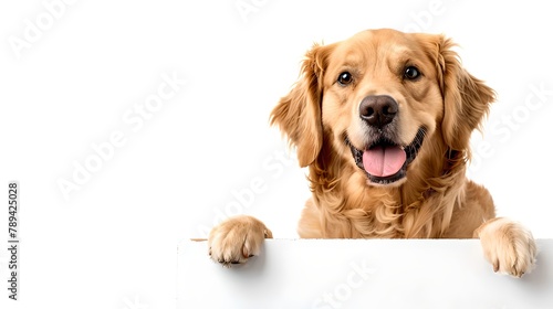 Happy Golden Retriever Peeking Over a White Surface. Friendly Dog with a Shiny Coat Smiling. Cute Canine Portrait for Pet Lovers. AI