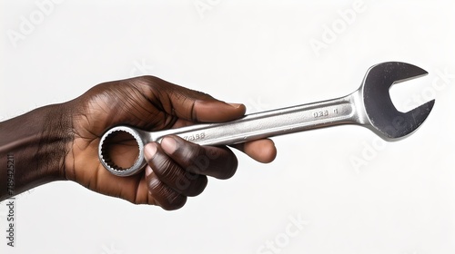 Close-up of a hand holding a silver wrench against a plain background, symbolizing manual work and repair services. Maintenance tool in focus. Professional equipment for technicians. AI © Irina Ukrainets