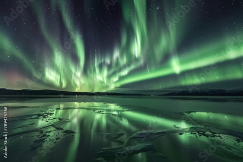 A majestic aurora borealis dancing across the night sky  reflected on a frozen lake with a frosty shore.