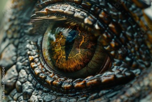 A hyperrealistic close-up of a dinosaur eye, with reptilian scales and a glint of intelligence.