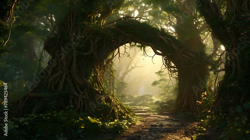 A pair of intertwined vines creating a natural archway in a sunlit forest. © Ansar