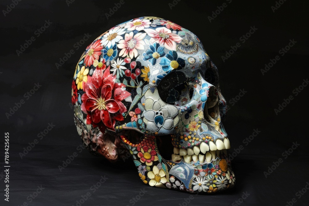A hyperrealistic human skull adorned with intricate floral patterns, each flower a different vibrant color.
