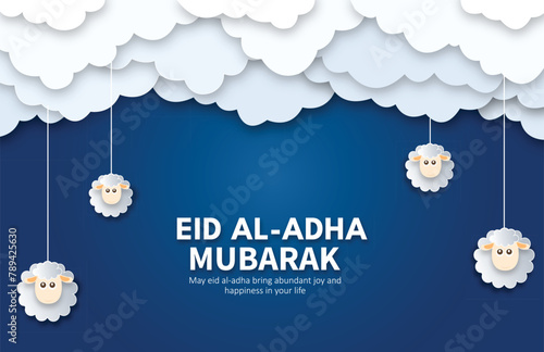 beautiful text design of Eid Al Adha Mubarak with white clouds, sheep and blue background, Muslim Festival eid ul adha poster/card