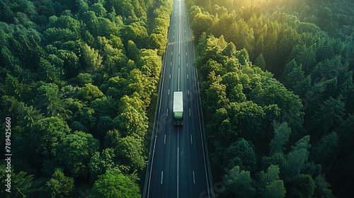 Aerial top view of car and truck driving on highway road in green forest. Sustainable transport. Drone view of hydrogen energy truck and electric vehicle driving on asphalt road through green forest