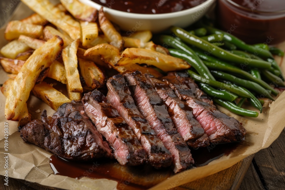 a juicy flank steak with crispy french fries, a side of green beans, and a red wine demi-glace sauce.