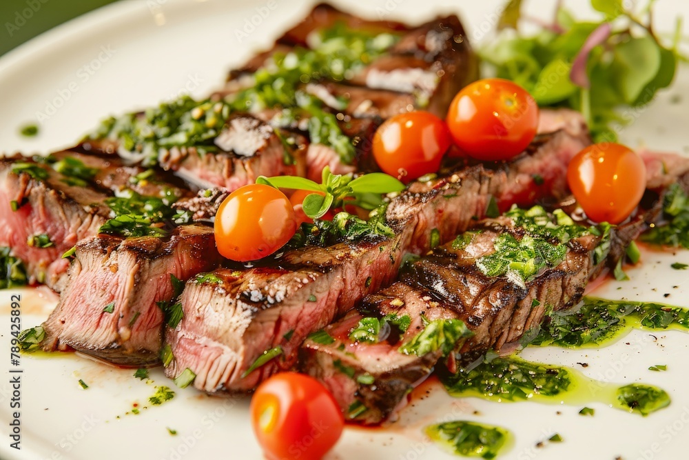 A juicy strip steak sliced thin, fanned out on a plate, drizzled with chimichurri sauce, and garnished with cherry tomatoes and microgreens.