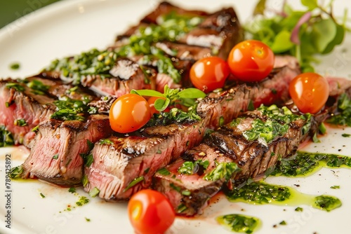 A juicy strip steak sliced thin, fanned out on a plate, drizzled with chimichurri sauce, and garnished with cherry tomatoes and microgreens.
