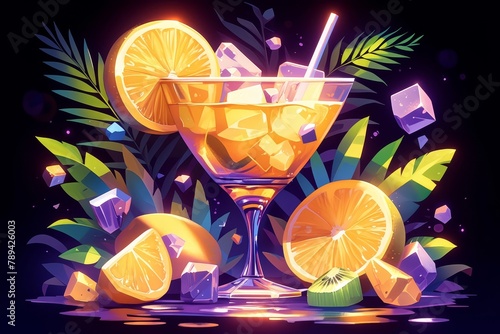 vector illustration of colorful cocktail and fruit, tropical leaves, dark background